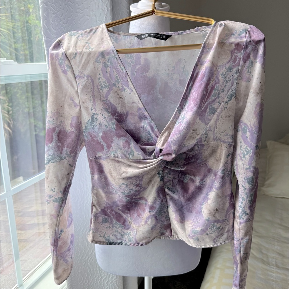 Zara Purple and White Long Sleeve Blouse